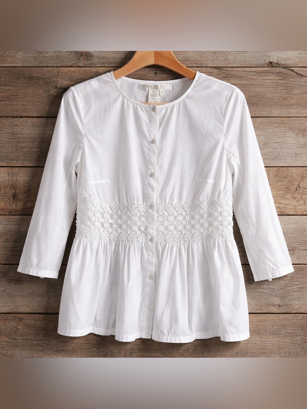 Studio M White Cotton Button-Front Peplum Top with Crochet Waist. Size LP